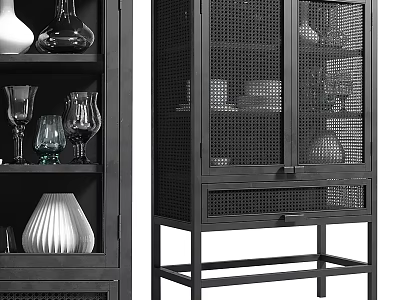 Modern Black Sideboard With Mesh Doors Drawer Shelves And Decorative Vases Wine Glasses 3d model