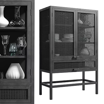 Modern Black Sideboard With Mesh Doors Drawer Shelves And Decorative Vases Wine Glasses 3d model
