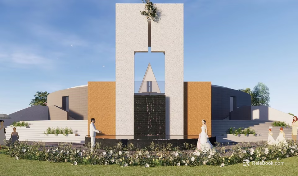 Bride And Groom At Modern Wedding Venue With Orange White Walls Central Fountain Garden Flowers 3d model 