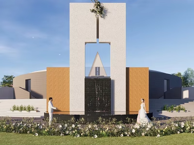 Bride And Groom At Modern Wedding Venue With Orange White Walls Central Fountain Garden Flowers 3d model