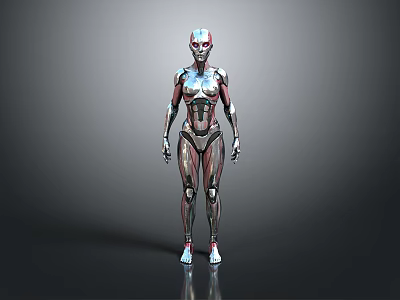 Female Humanoid Robot With Silver Red Metallic Texture In Standing Pose On Gray Gradient Background 3d model