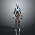 Female Humanoid Robot With Silver Red Metallic Texture In Standing Pose On Gray Gradient Background