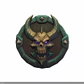 Dark Fantasy Shield With Skull Head Horns Purple Eyes And Metal Wooden Accents