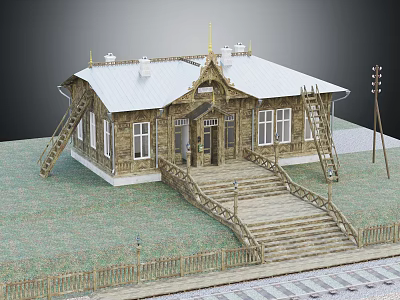 European style Wooden Architecture with White Roof Spire Decorations Wooden Stairs Fence and Railway Track 3d model