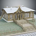 European style Wooden Architecture with White Roof Spire Decorations Wooden Stairs Fence and Railway Track