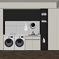 Modern Laundry Room With Two Washing Machines White Countertop And Black Cabinets