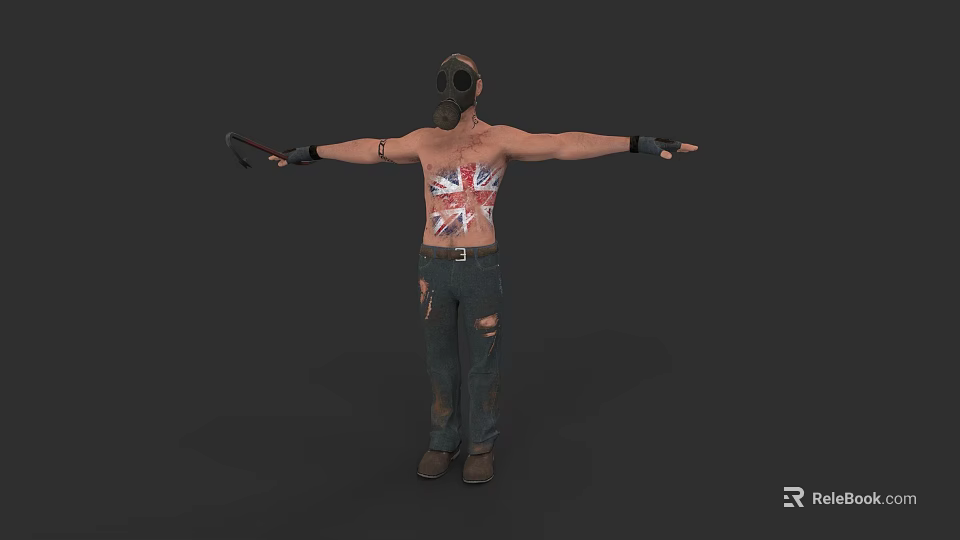 Shirtless Game Movie Character with Gas Mask Union Jack Tattoos Ripped Jeans and Axe 3d model 