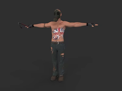 Shirtless Game Movie Character with Gas Mask Union Jack Tattoos Ripped Jeans and Axe 3d model