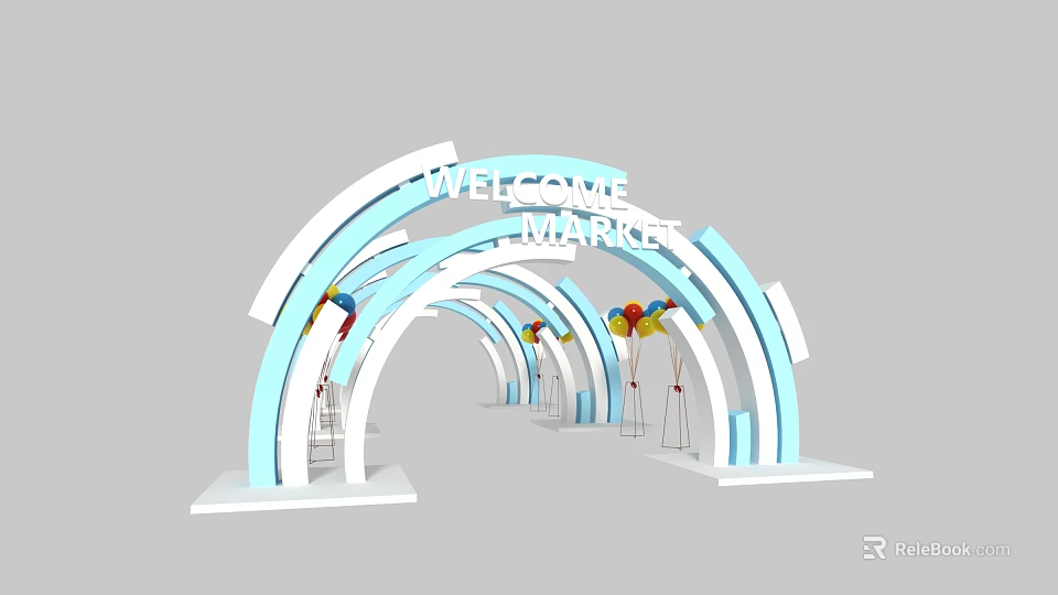 Welcome Market Event Entrance Portal with Blue White Arched Structures and Colorful Balloons 3d model 