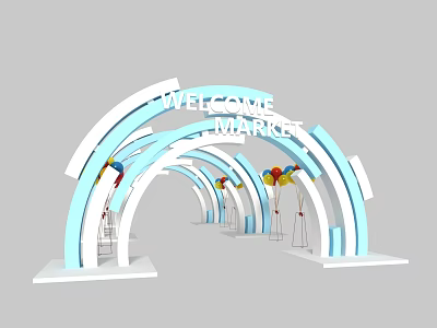 Welcome Market Event Entrance Portal with Blue White Arched Structures and Colorful Balloons 3d model