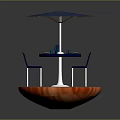 Outdoor Patio Setup With Round Table Blue Umbrella Chairs And Wooden Platform