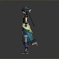 3D Anime Character With Blue Hair Black Outfit Green Accents And Weapons