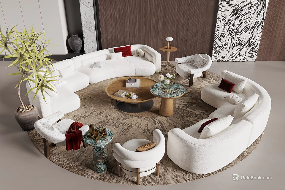 White Irregular Shaped Sofa Living Room With Round Coffee Tables Accent Chairs And Plants 3d model 