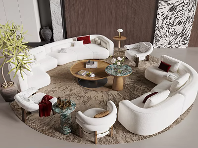 White Irregular Shaped Sofa Living Room With Round Coffee Tables Accent Chairs And Plants 3d model