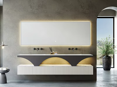Modern Wall Mounted Bathroom Vanity with Backlit Mirror and White Countertop Design 3d model