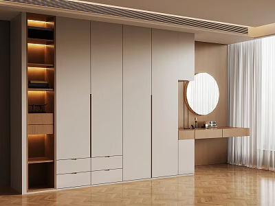 Modern Closet Design With White Cabinets Drawers Illuminated Shelves Round Mirror And Wooden Floor 3d model
