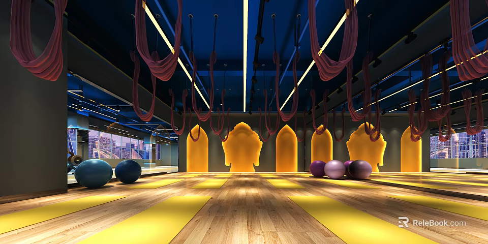 Modern Fitness Studio With Suspension Ropes Colored Exercise Balls Wooden Flooring And City View Windows 3d model 