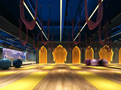 Modern Fitness Studio With Suspension Ropes Colored Exercise Balls Wooden Flooring And City View Windows 3d model