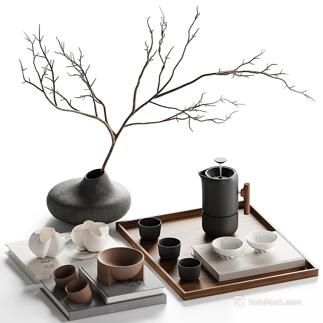 Minimalist Home Decor With Vase Branches Tray And Tea Sets 3d model 