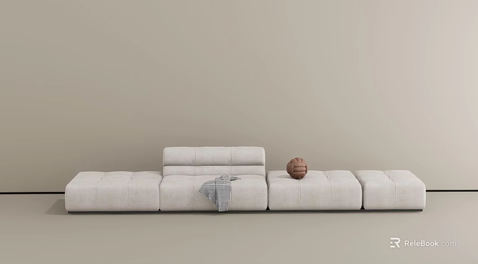 Modern Light Gray Sectional Sofa With Plaid Blanket And Brown Decorative Ball 3d model