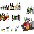 Various Wine Bottles and Glasses with Assorted Cocktail Cups Ice Bucket Serving Tray
