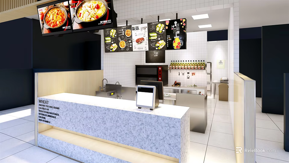 Modern Restaurant Interior With Granite Counter Hanging Menu Screens White Tiled Walls And Drinks 3d model 
