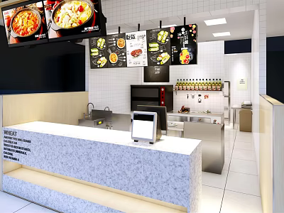 Modern Restaurant Interior With Granite Counter Hanging Menu Screens White Tiled Walls And Drinks 3d model