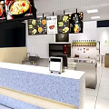 Modern Restaurant Interior With Granite Counter Hanging Menu Screens White Tiled Walls And Drinks