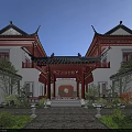 Traditional Chinese Ancient Architecture Featuring Red Pillars Carved Eaves and Courtyard Trees