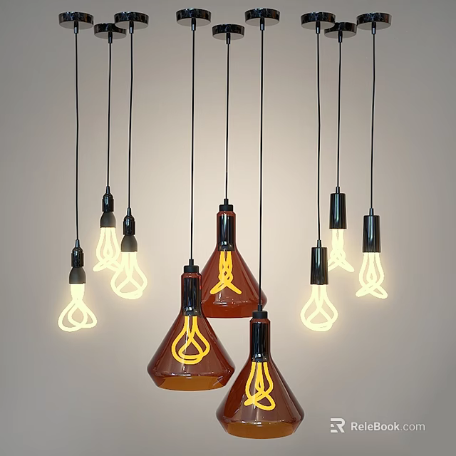 Modern Multiple Pendant Lights With Brown Glass Shades Illuminated Hanging From Ceiling 3d model 