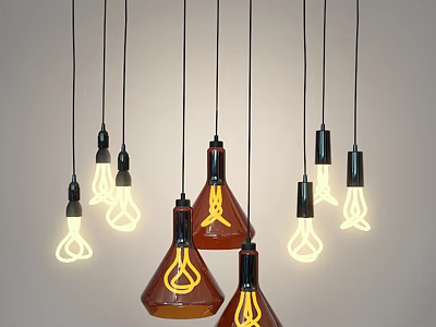 Modern Multiple Pendant Lights With Brown Glass Shades Illuminated Hanging From Ceiling 3d model