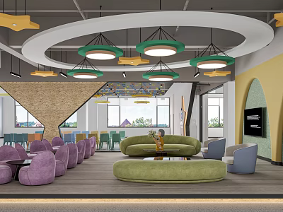 School Modern Activity Lounge With Colorful Sofas Chairs Pendant Lights Windows And Green View 3d model