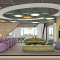 School Modern Activity Lounge With Colorful Sofas Chairs Pendant Lights Windows And Green View