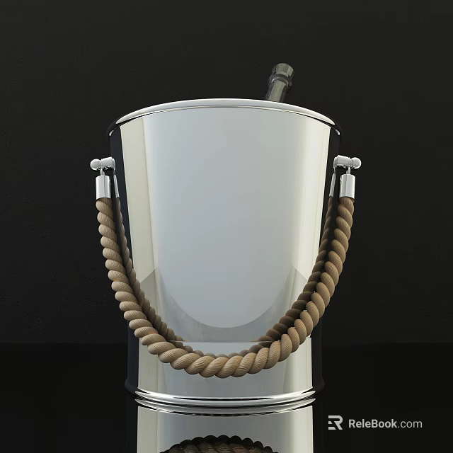 Elegant Wine Bottle And Glass With Silver Ice Bucket Rope Handle On Black Background 3d model 