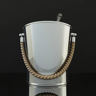 Elegant Wine Bottle And Glass With Silver Ice Bucket Rope Handle On Black Background 3d model
