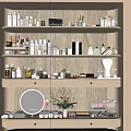 Perfumes and Cosmetics Display on Organized Shelves with Multiple Layers Bottles Jars Mirror and Plant