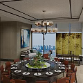 Private Dining Room Interior With Round Table Green Centerpiece Orange Chairs And Curved Green Chandelier