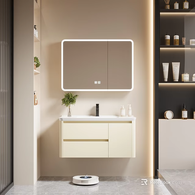 Modern Bathroom Vanity With Framed Mirror Integrated Sink Storage Shelves And Potted Plant 3d model 