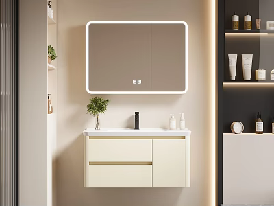 Modern Bathroom Vanity With Framed Mirror Integrated Sink Storage Shelves And Potted Plant 3d model