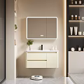 Modern Bathroom Vanity With Framed Mirror Integrated Sink Storage Shelves And Potted Plant