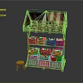 Rustic Fruit Stall Featuring Striped Awning Wooden Shelves Fruit Baskets And Small Stool