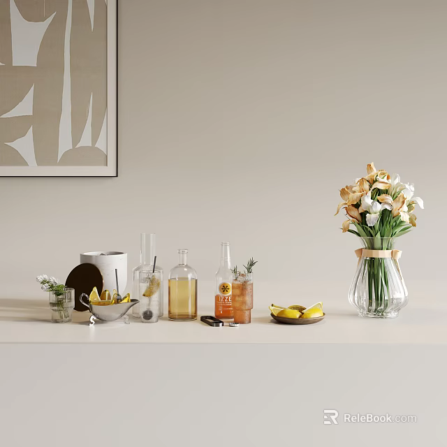 Stylish Decorative Ornament Set With Glass Vases Flower Bouquet And Lemon Slices On Tabletop 3d model 