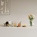 Stylish Decorative Ornament Set With Glass Vases Flower Bouquet And Lemon Slices On Tabletop