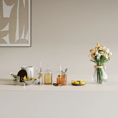Stylish Decorative Ornament Set With Glass Vases Flower Bouquet And Lemon Slices On Tabletop 3d model