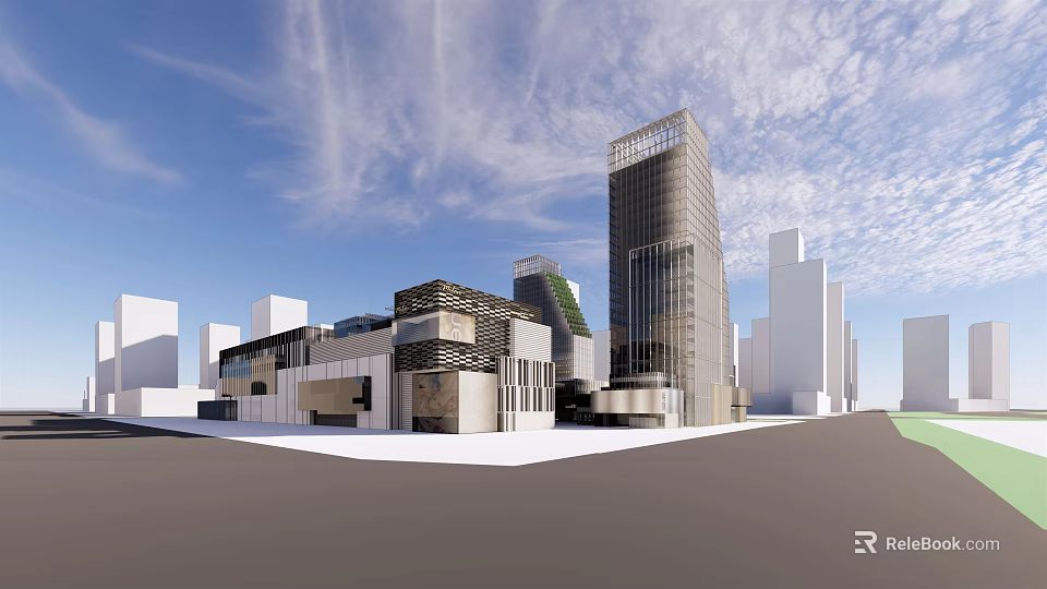 Modern Urban Commercial Complex With High Rise Building And Green Roof Design 3d model 