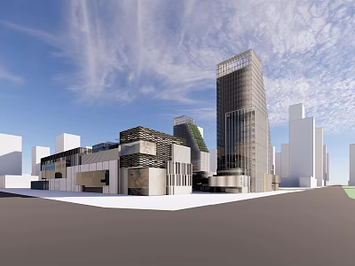 Modern Urban Commercial Complex With High Rise Building And Green Roof Design 3d model
