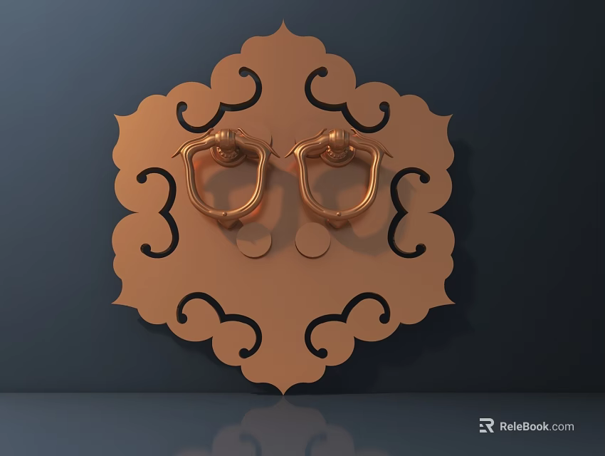 Brass Ring Door Handles On Orange Decorative Panel With Intricate Scroll Patterns 3d model 