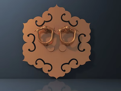 Brass Ring Door Handles On Orange Decorative Panel With Intricate Scroll Patterns 3d model