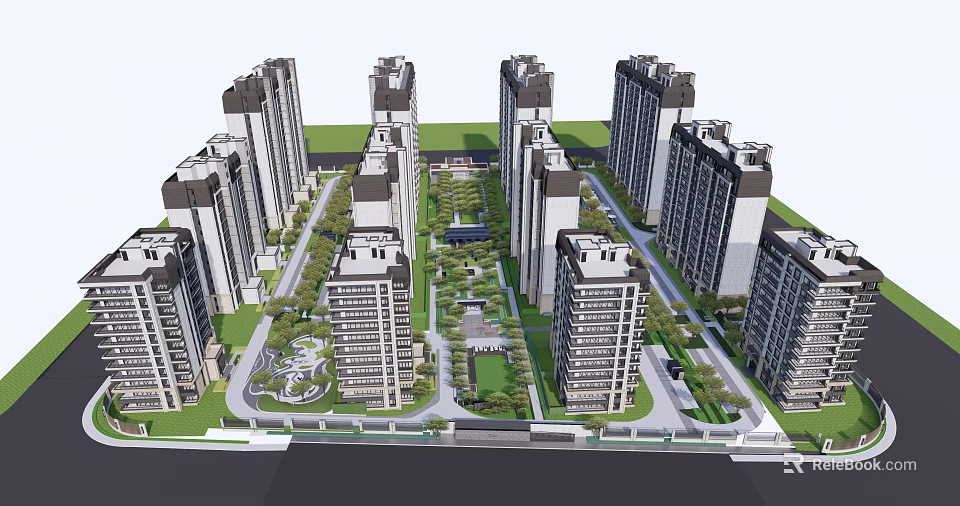 Neatly Arranged High Rise Buildings in Residential Complex With Greenery And Roads 3d model 