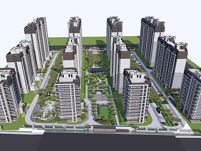 Neatly Arranged High Rise Buildings in Residential Complex With Greenery And Roads 3d model
